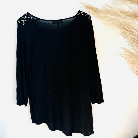 PHILOSOPHY Black Silver Beaded Sequin Shoulder 3/4 Shirt Tunic Top Blouse 1X - Picture 8 of 10